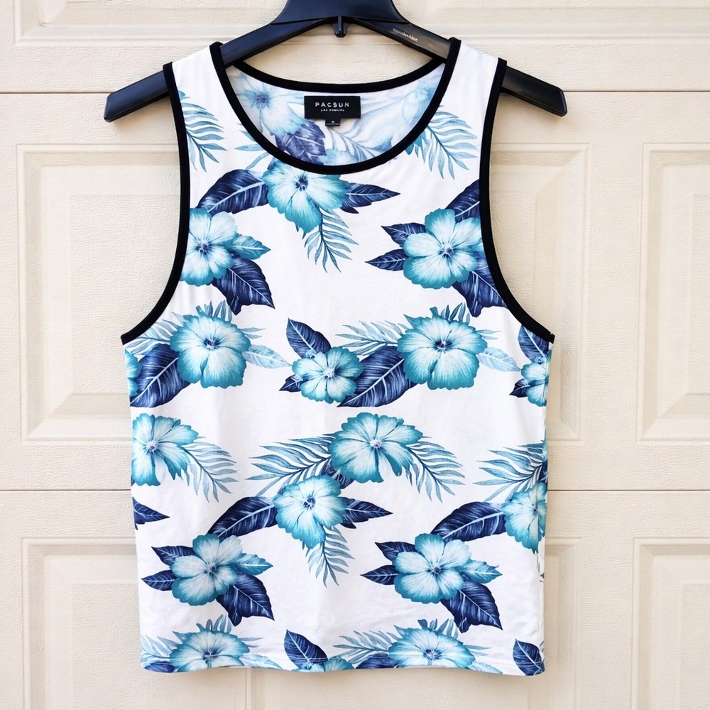 Pacsun Floral Tropical Tank Top Hawaiian‎ Size Medium Blue White Cotton Beach